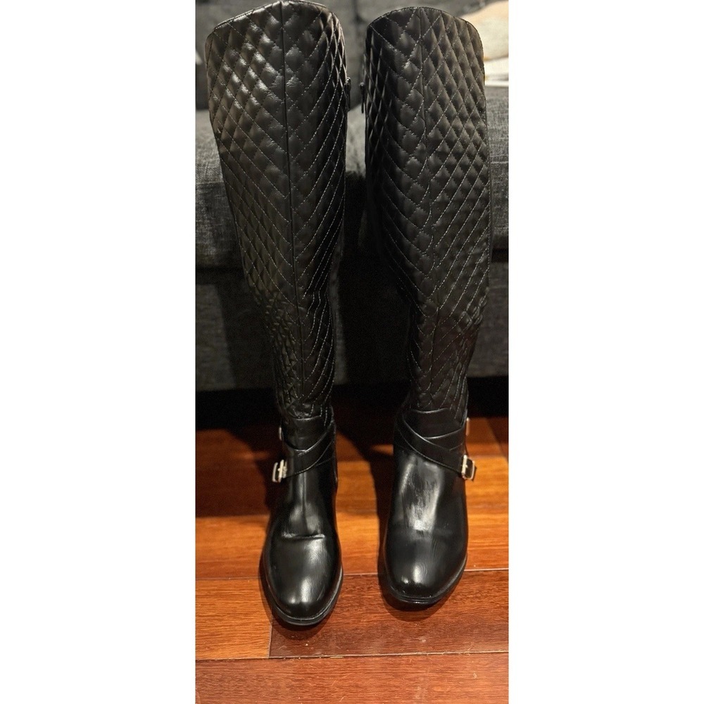 Annabeth by JUSTFAB (SHOEDAZZLE) Black quilted faux leather riding boots, SZ 7 - Picture 9 of 16